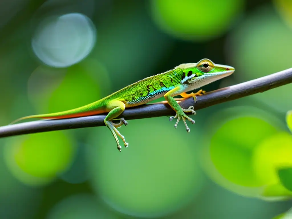 Danza nupcial de reptiles: dos lagartijas anolis verdes realizan un hipnótico baile en una rama soleada, con escamas coloridas y patrones detallados