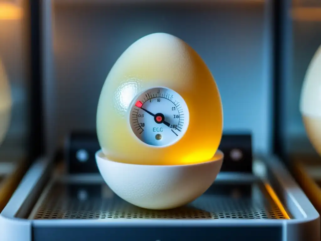 Delicada determinación sexual en reptiles mediante temperatura: huevo en incubadora con termómetro en foco