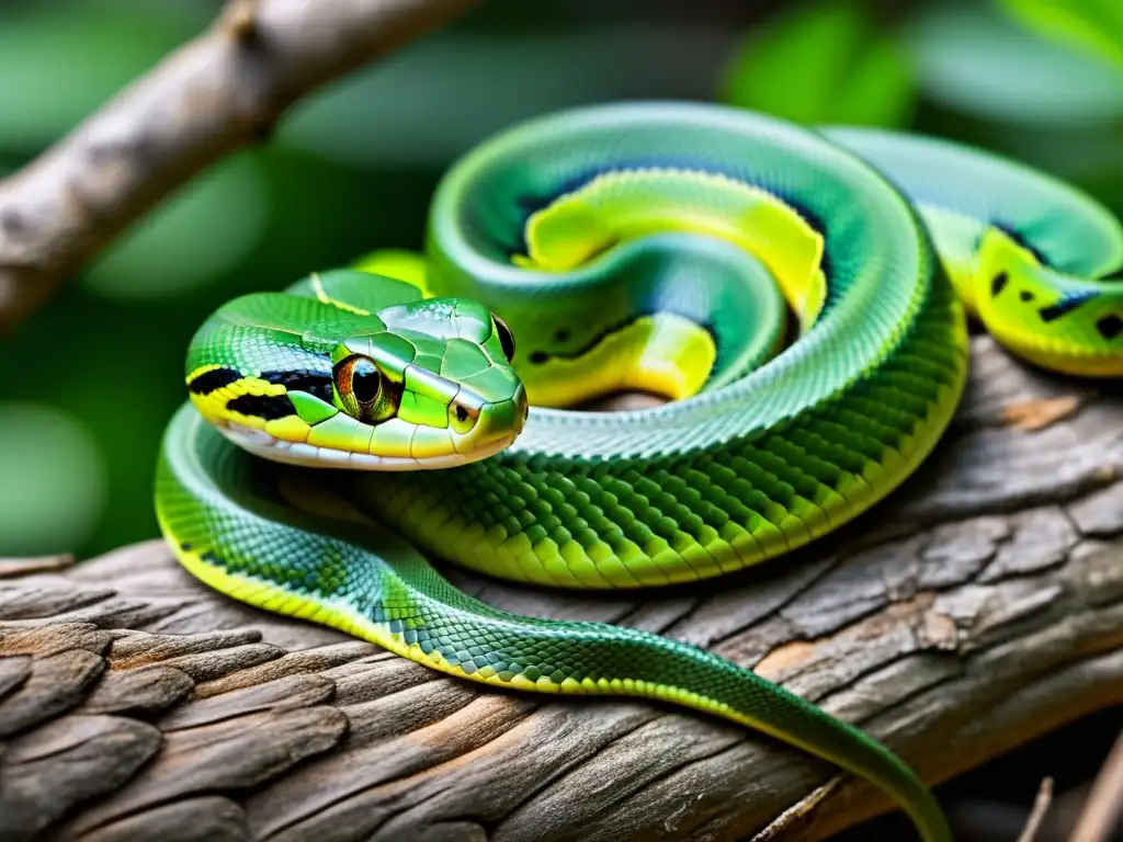 Un depredador silencioso, una serpiente verde acechando en su hábitat natural