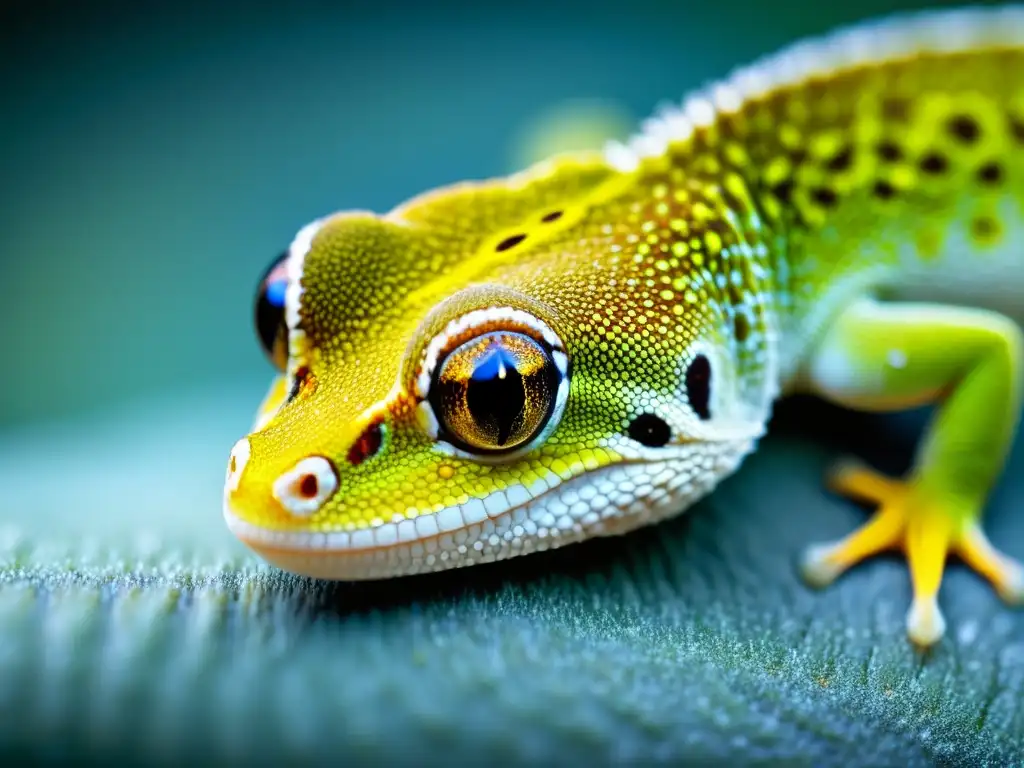 Dermatitis fúngica en geckos: Detalle de piel de gecko con patrón e textura, en un entorno clínico con iluminación profesional