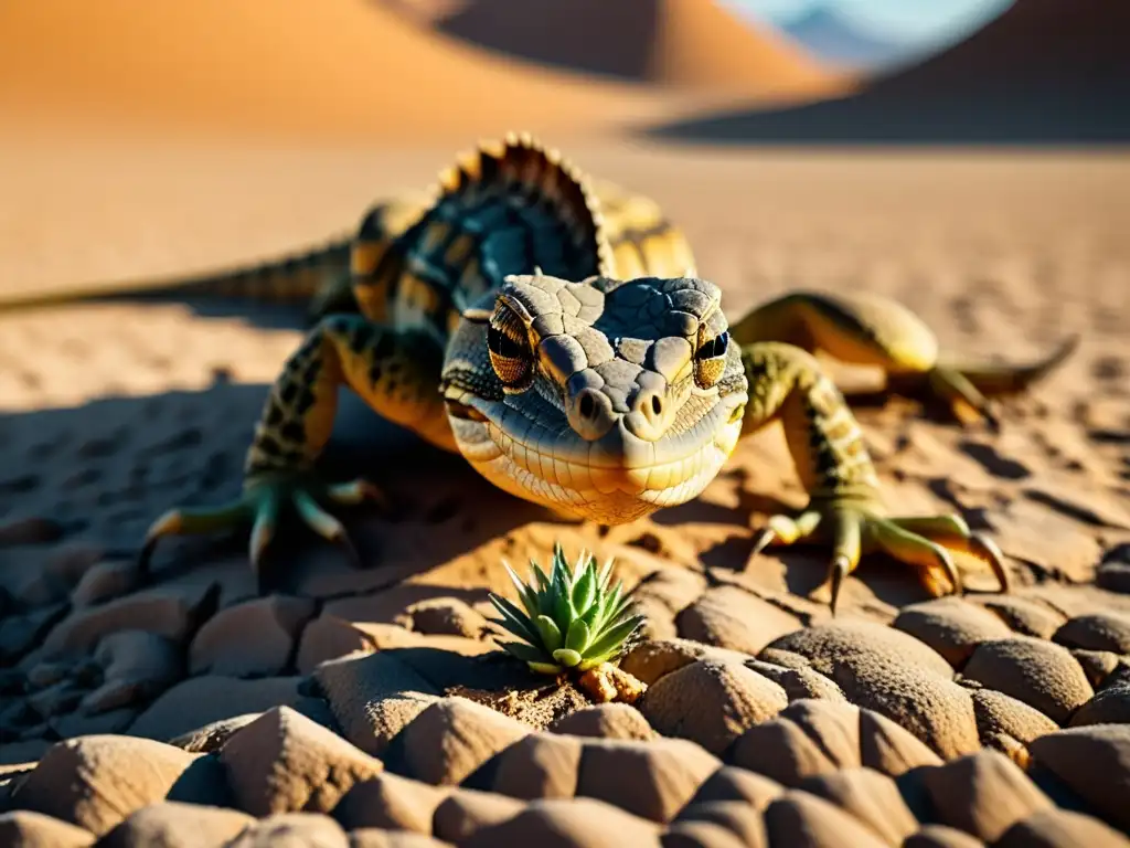 En el desértico paisaje, un reptil busca alimento entre la sequedad, reflejando el impacto del cambio climático en la alimentación de los reptiles