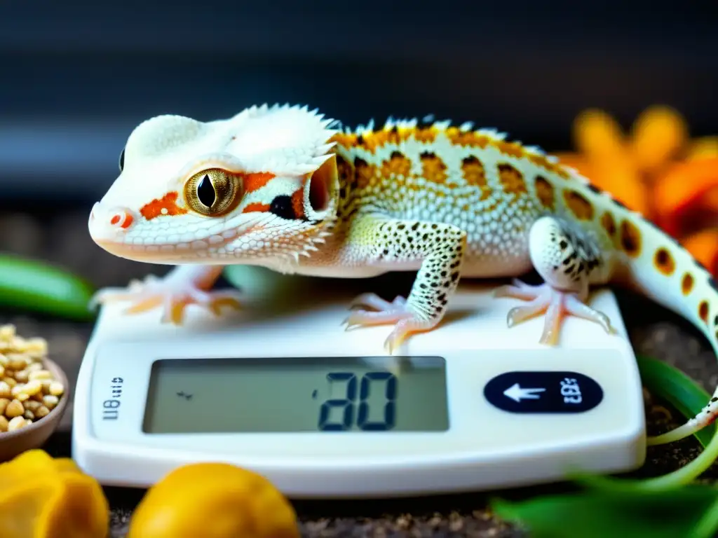 Leopardo gecko desnutrido en balanza digital rodeado de alimentos para reptiles, resaltando la importancia de la nutrición