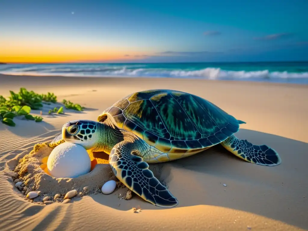 Desove de las tortugas marinas en una playa iluminada por la luna, con conservacionistas observando respetuosamente el proceso