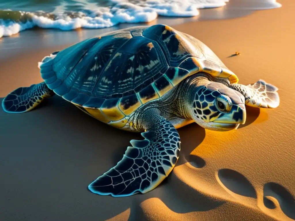 Desove de las tortugas marinas: una tortuga emerge del mar iluminada por la luna, en una playa arenosa en la noche