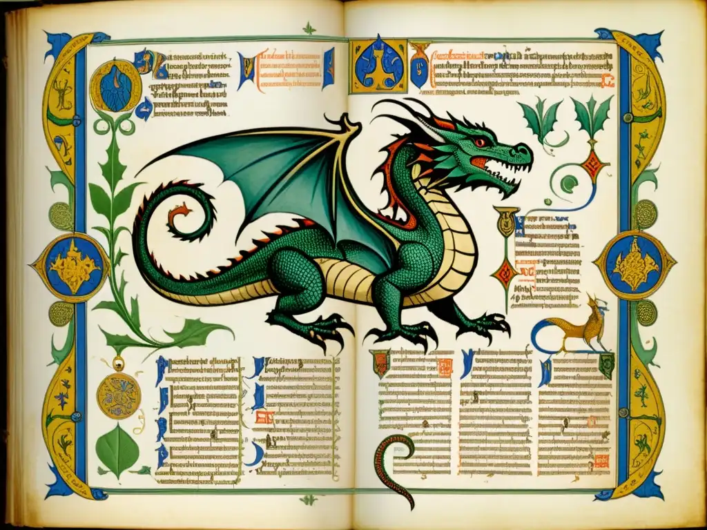 Ilustración detallada de un bestiario medieval con criaturas reptilianas míticas como dragones y basiliscos, rodeadas de caligrafía y bordes decorativos