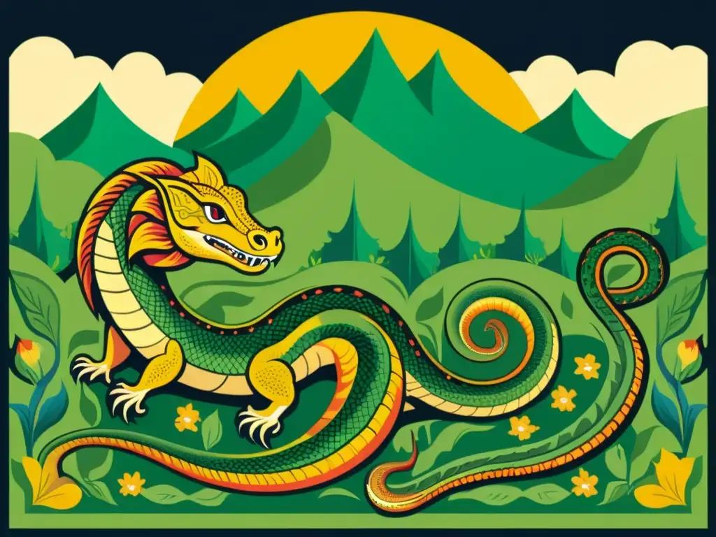 Ilustración medieval detallada de la Amphisbaena mitológica Ilustración detallada de bestiario medieval con criaturas místicas Amphisbaena, serpiente con patas, en paisaje fantástico