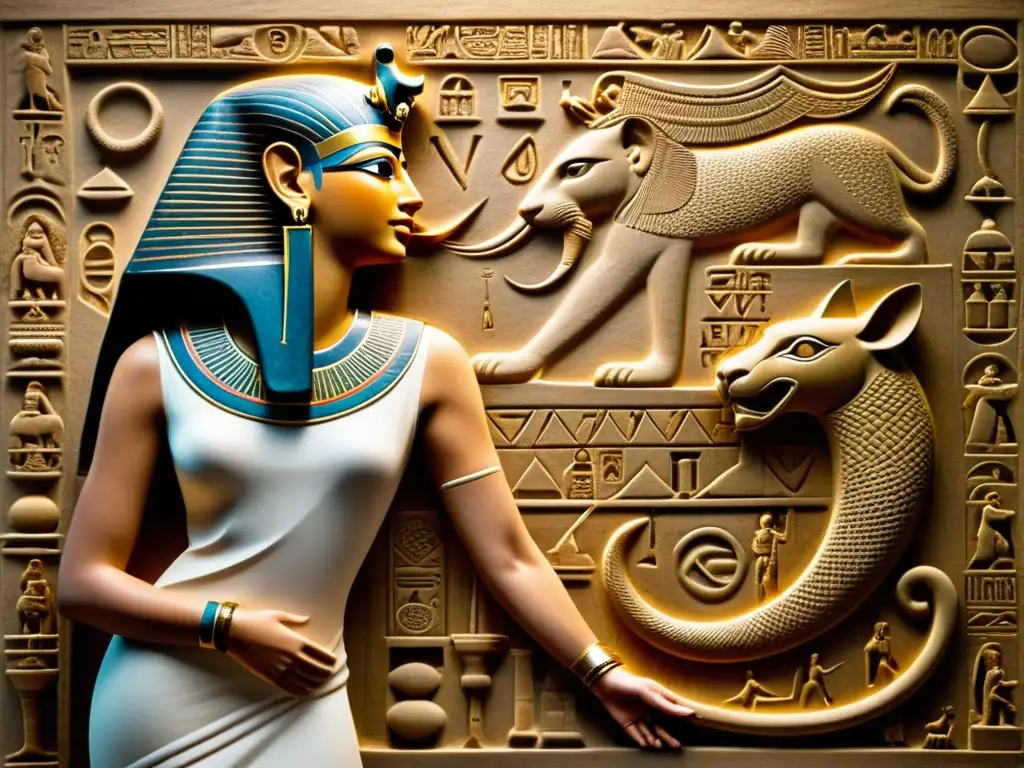 Relieve detallado de Cleopatra con serpiente: arte egipcio Detallada escultura egipcia de Cleopatra con una serpiente, rodeada de jeroglíficos e imágenes simbólicas, iluminada por suave luz natural