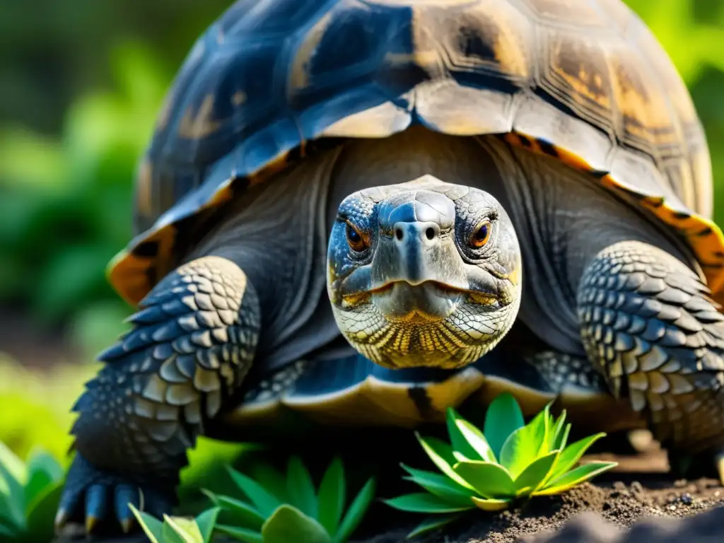 Detalle impactante: Tortuga Gigante de Galápagos en su hábitat Una fotografía detallada de una especie de reptil rara y en peligro de extinción, como la tortuga gigante de Galápagos, en su hábitat natural