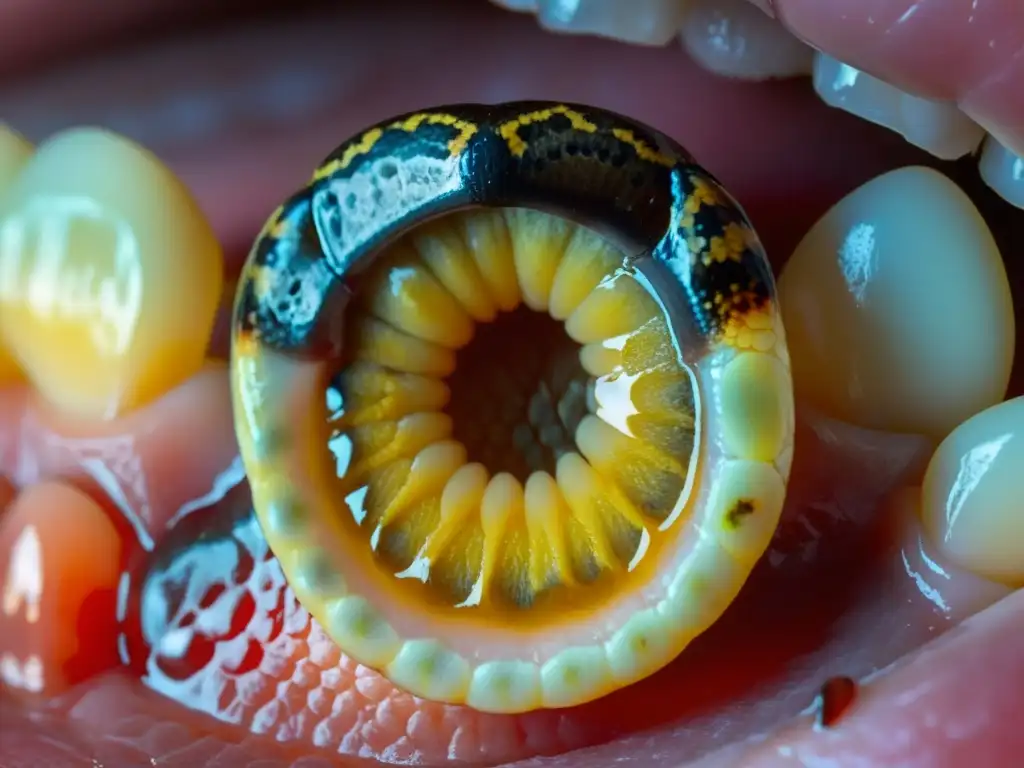 Detallada foto de una boca de serpiente con estomatitis infecciosa, mostrando inflamación, úlceras y pus