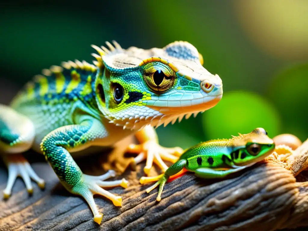 Detallada imagen de cría de reptil alimentándose, destacando nutrición para crías de reptiles en cautiverio