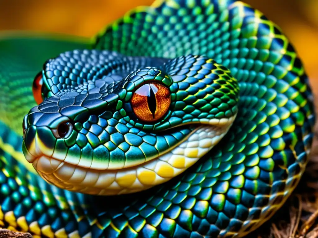 Detallada imagen de las escamas iridiscentes de una serpiente venenosa, destacando la evolución de su veneno y adaptaciones biológicas