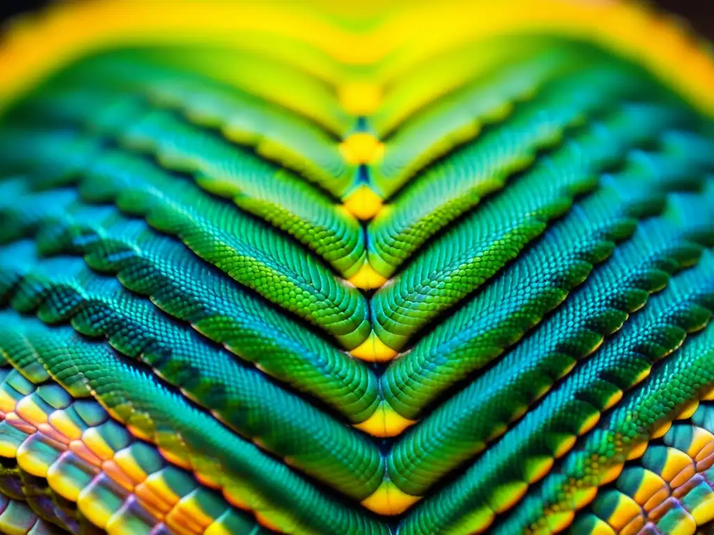 Detallada imagen de las escamas de una serpiente, revelando un patrón simétrico único y texturas vibrantes en colores naturales