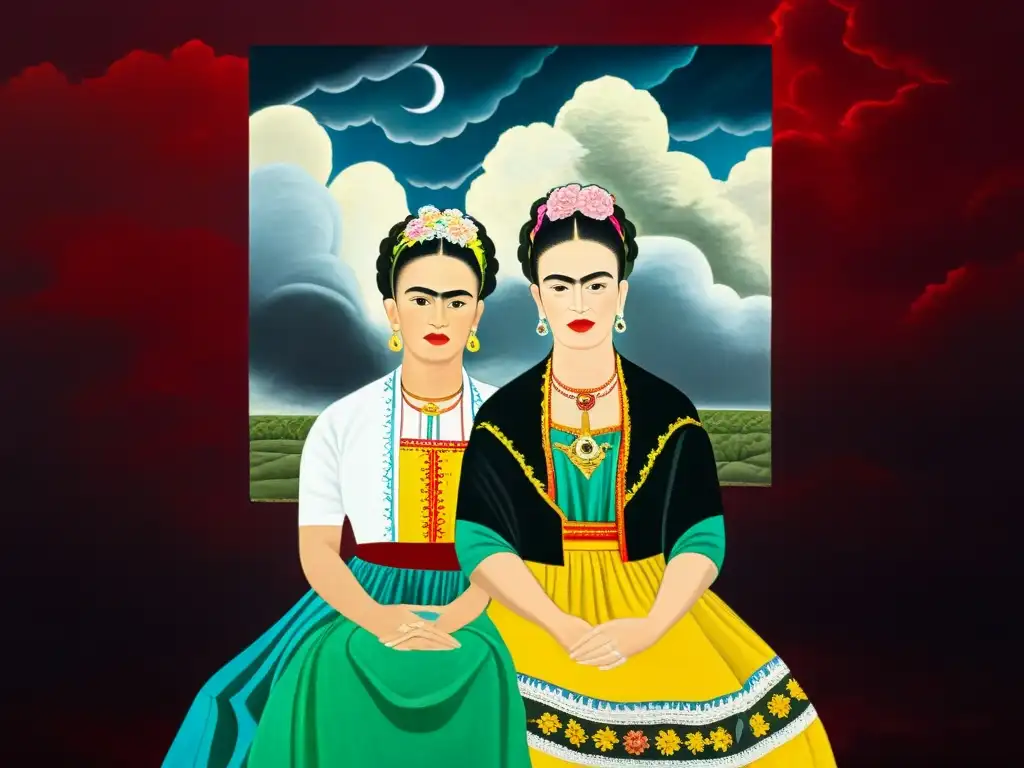 Detallada imagen 8k de 'Las Dos Fridas' de Frida Kahlo