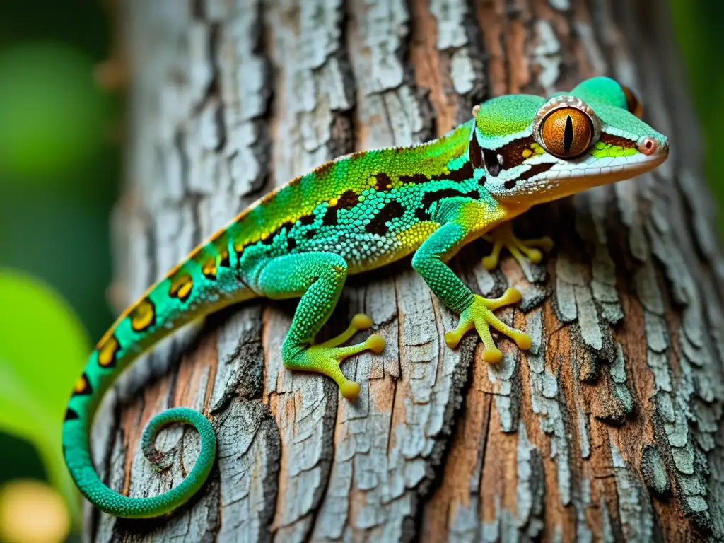 Detallada imagen de un gecko cola de hoja camuflado en un árbol, mostrando su asombroso camuflaje en reptiles y anfibios