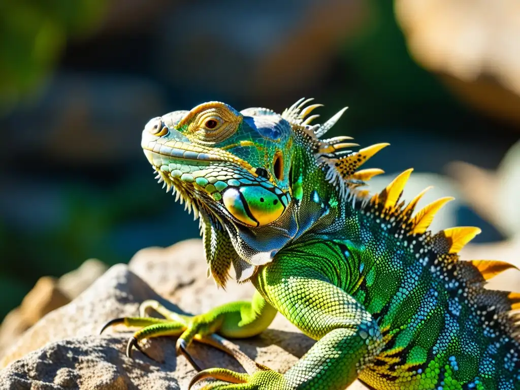 Detallada imagen de una iguana verde vibrante tomando sol en un entorno natural