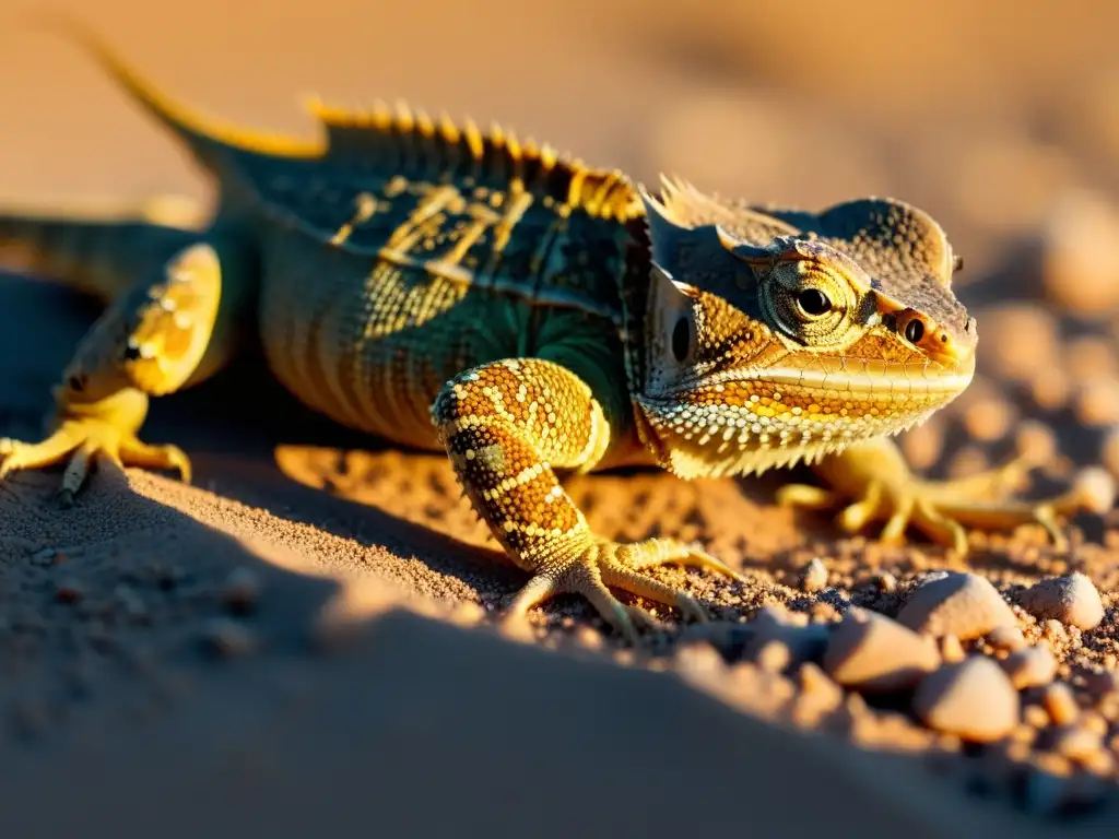 Una detallada imagen de un lagarto cornudo del desierto camuflado en la arena, mostrando sus patrones de escamas y color