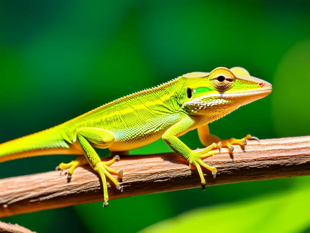 Detallada imagen de un lagarto verde anolis absorbiendo luz UVB en rama