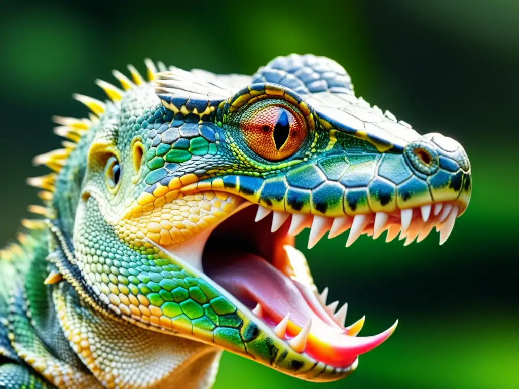 Detallada imagen de la lengua de un reptil capturando presa, con escamas coloridas y ojos enfocados