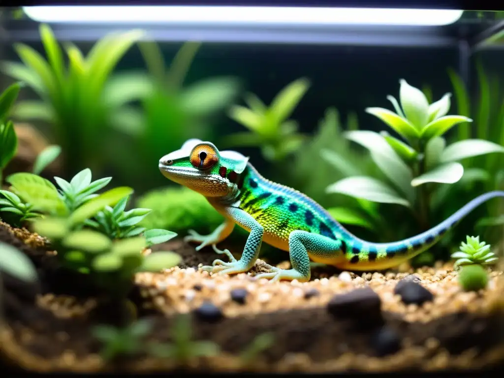 Detallada imagen de microhábitat en terrario para reptiles, con plantas, rocas y un camaleón camuflado