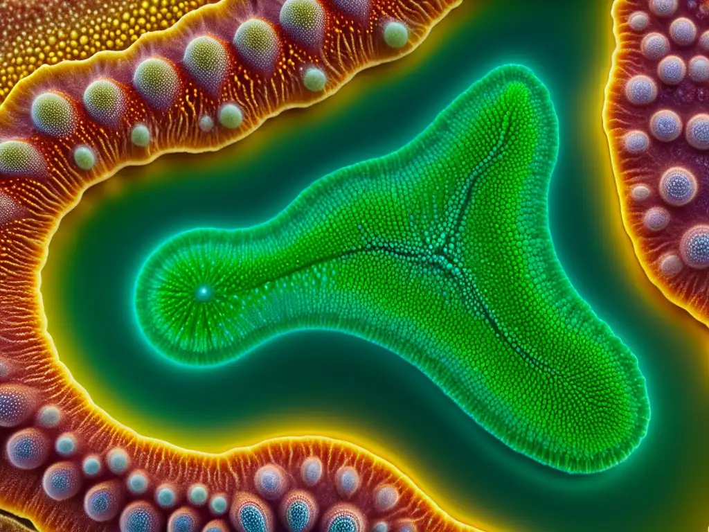 Detallada imagen microscópica del ecosistema intestinal de un reptil, resaltando los beneficios de probióticos en reptiles