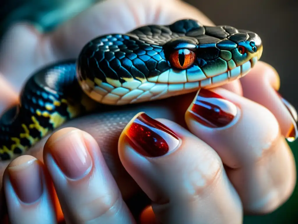 Detallada imagen de una mordedura de serpiente en una mano humana, con veneno visible