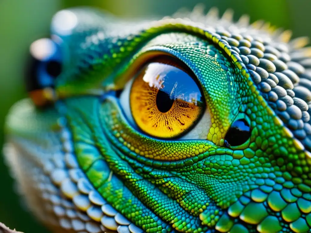 Detallada imagen de ojo de lagarto, reflejando su entorno, transmite la adaptación ante el impacto humano en hábitats, conservación