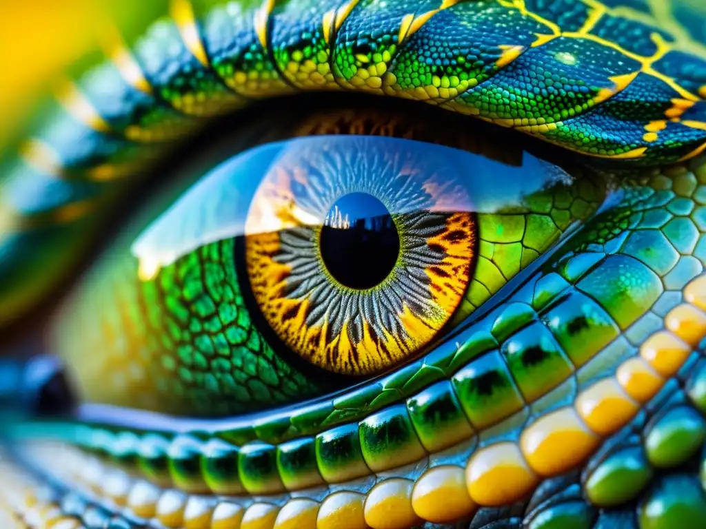 Detallada imagen del ojo de un reptil, con escamas intrincadas y coloración vibrante