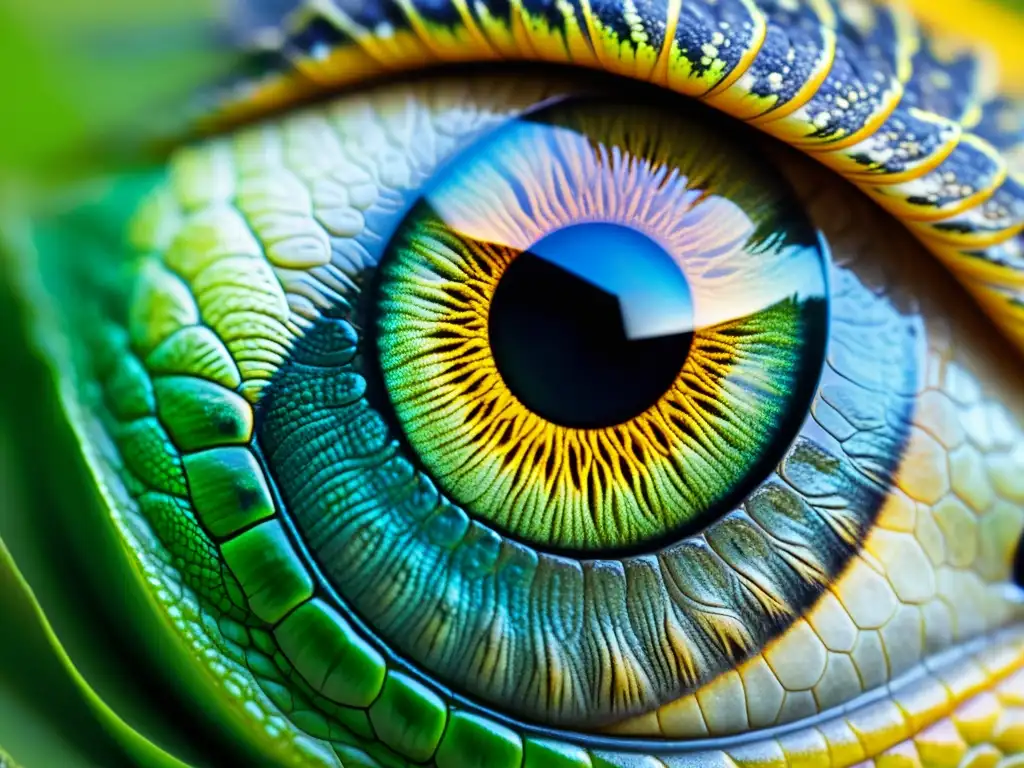 Detallada imagen de ojo de reptil con patrones e iris, reflejando la luz de forma hipnótica