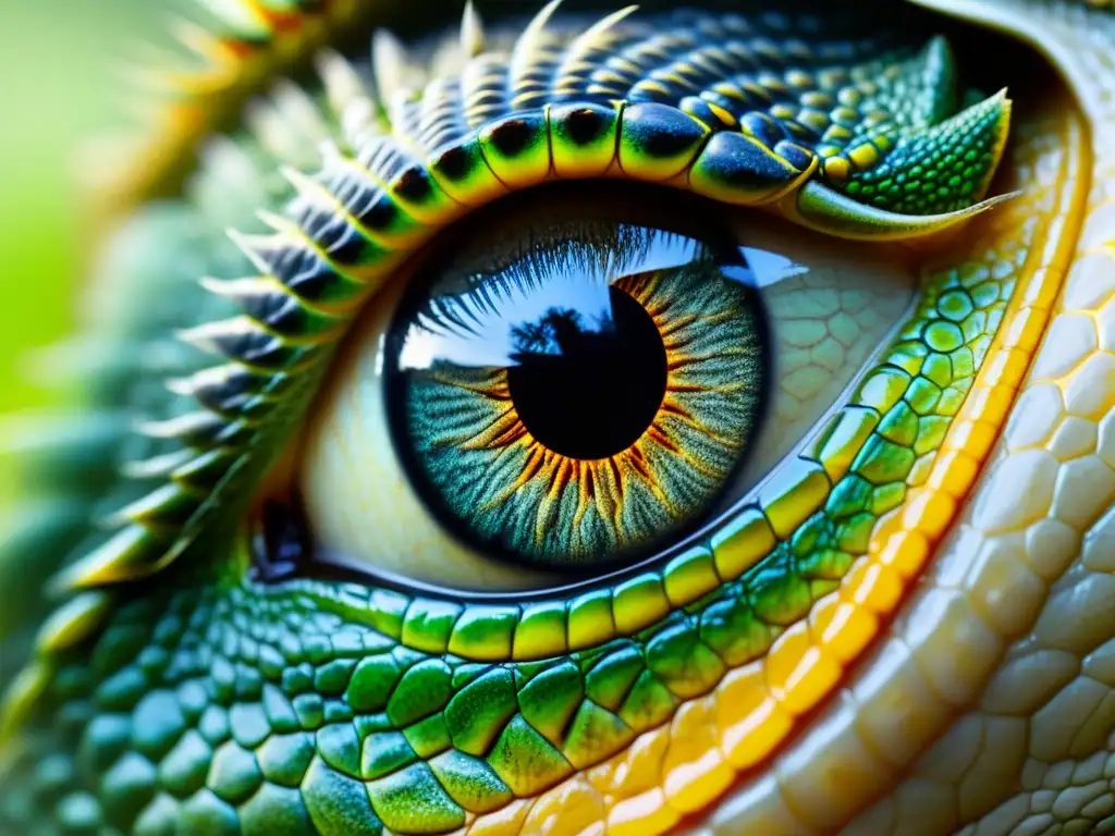 Detallada imagen del ojo de un reptil, con reflejo de una mano humana, simbolizando el maltrato a reptiles: prácticas crueles