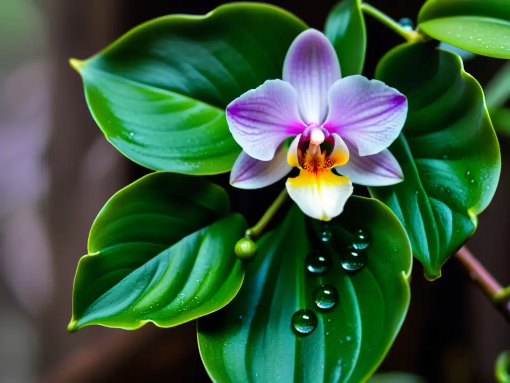 Detallada imagen de una orquídea epífita con gotas de agua, raíces envolviendo la corteza húmeda