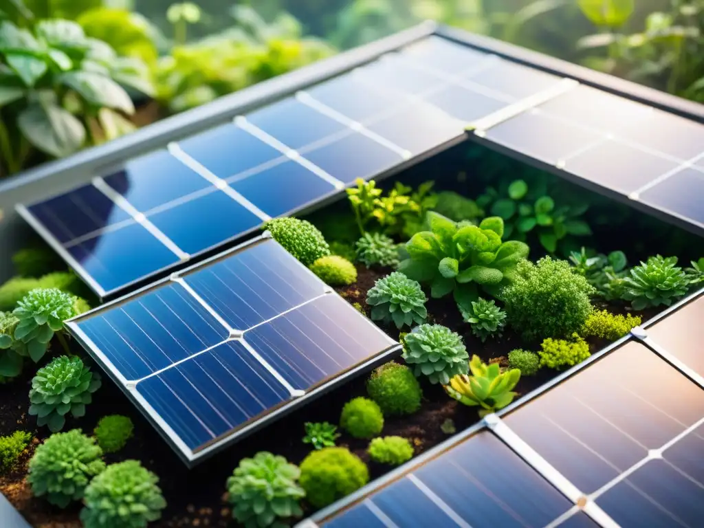 Detallada imagen de un panel solar en un terrario, integrando energía renovable con la naturaleza