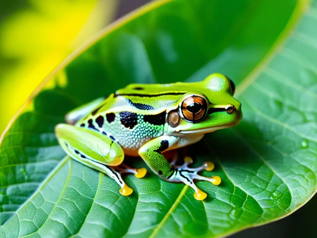 Detallada imagen de una pequeña rana verde sobre una hoja, con piel translúcida y patrones intrincados