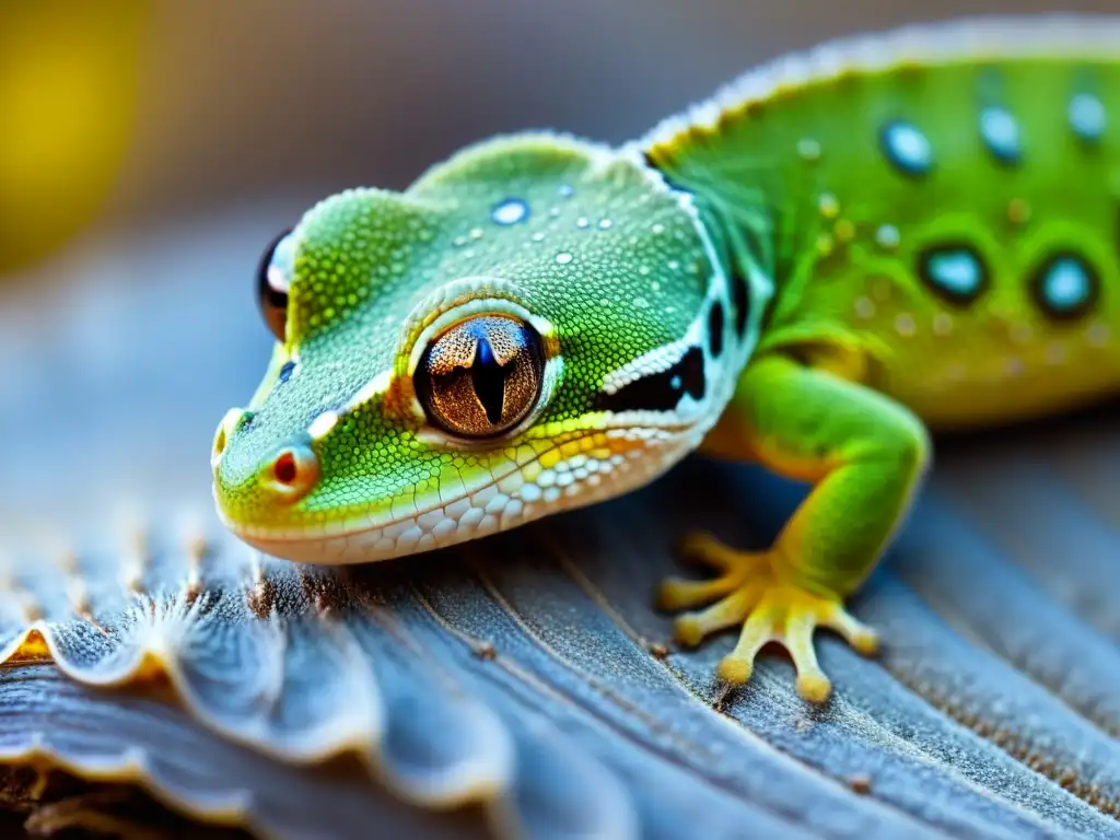 Detallada imagen de la piel de un gecko con dermatitis fúngica, mostrando decoloración, descamación y lesiones