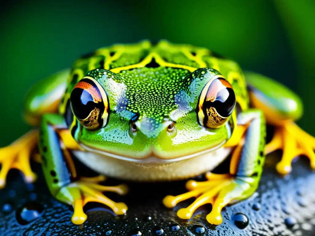 Detallada imagen de piel de rana con gotas de agua, resaltando los colores vibrantes