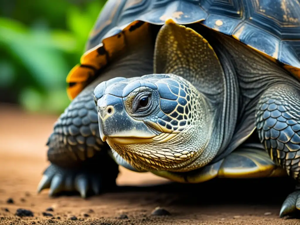 Detallada imagen de la piel de una tortuga Galápagos de 200 años, con patrones y líneas formados a lo largo de ciclos de vida reptiles longevos