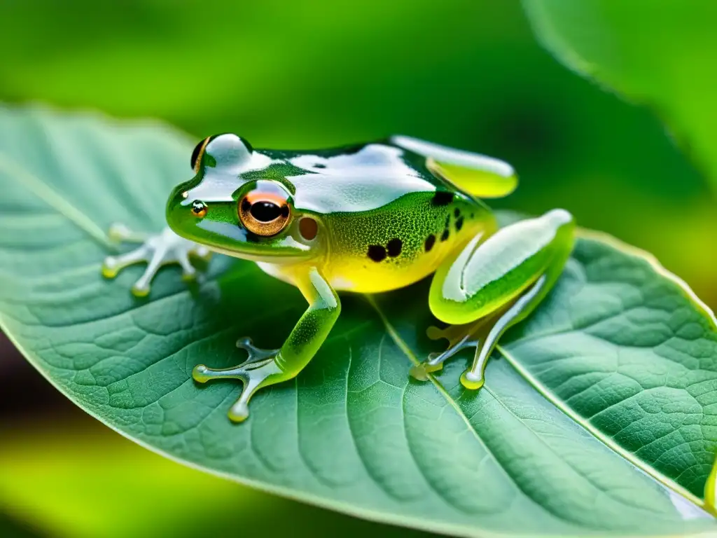 Detallada imagen de una rana de cristal translúcida en su hábitat natural, exhibiendo sus adaptaciones genéticas en anfibios sin pulmones