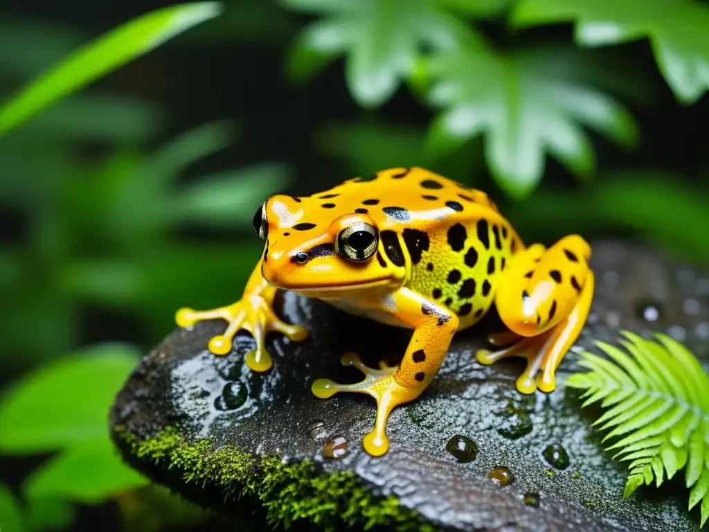 Detallada imagen de una rana dorada panameña en su hábitat natural, resaltando la importancia de la protección de anfibios en parques nacionales