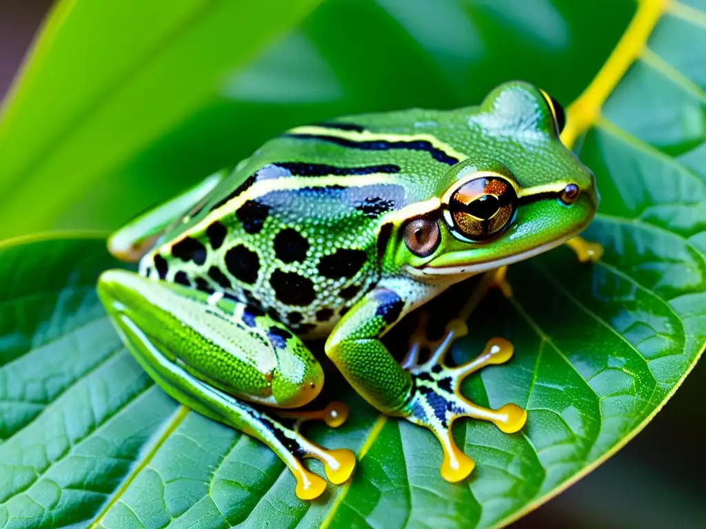 Detallada imagen de una rana arbórea en su hábitat natural, mostrando la belleza y textura de su piel