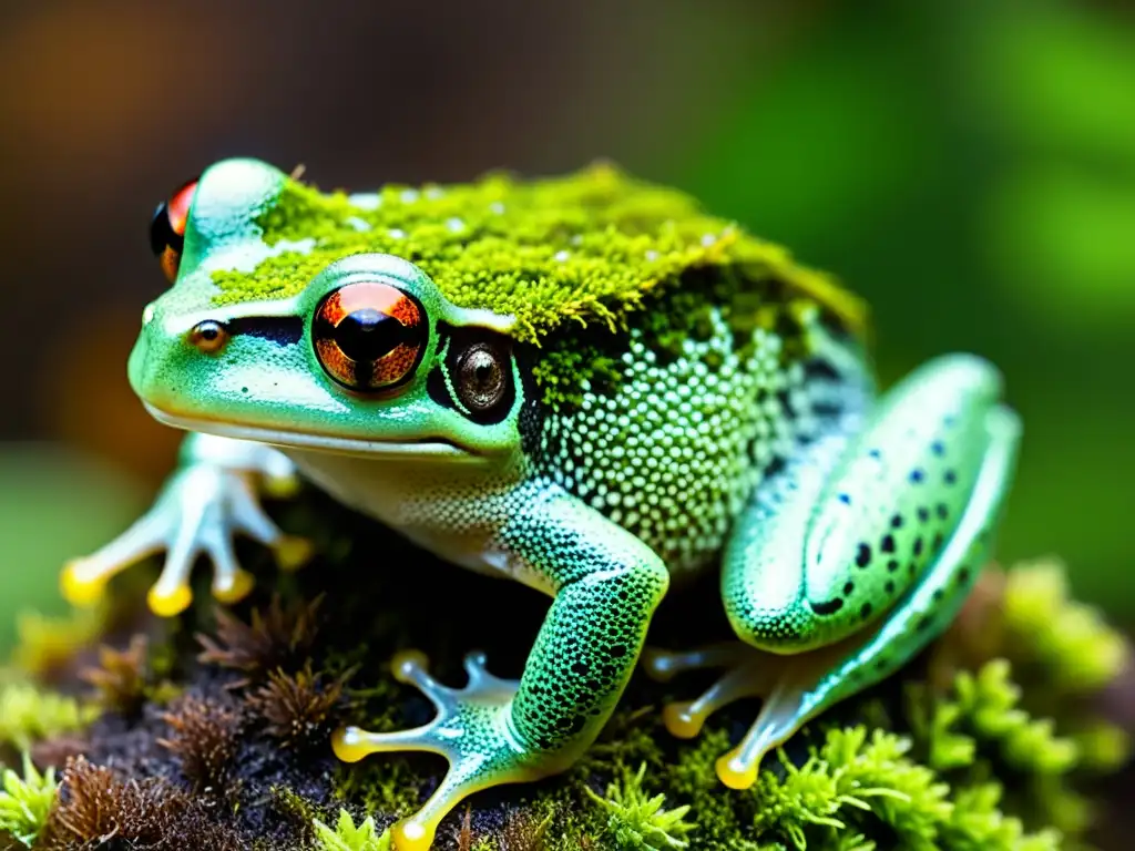 Detallada imagen de una rana musgosa (Theloderma corticale) camuflada en un lecho de musgo verde vibrante