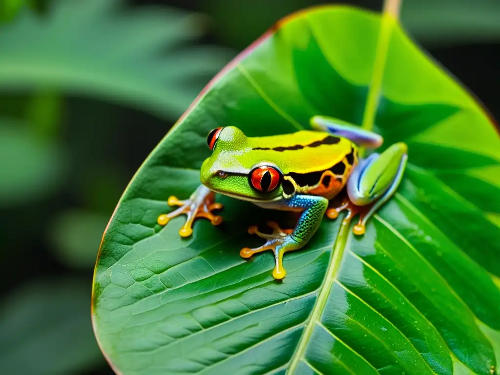 Detallada imagen de una rana de ojos rojos en la exuberante selva amazónica, destacando especies anfibias desconocidas en riesgo de desaparecer