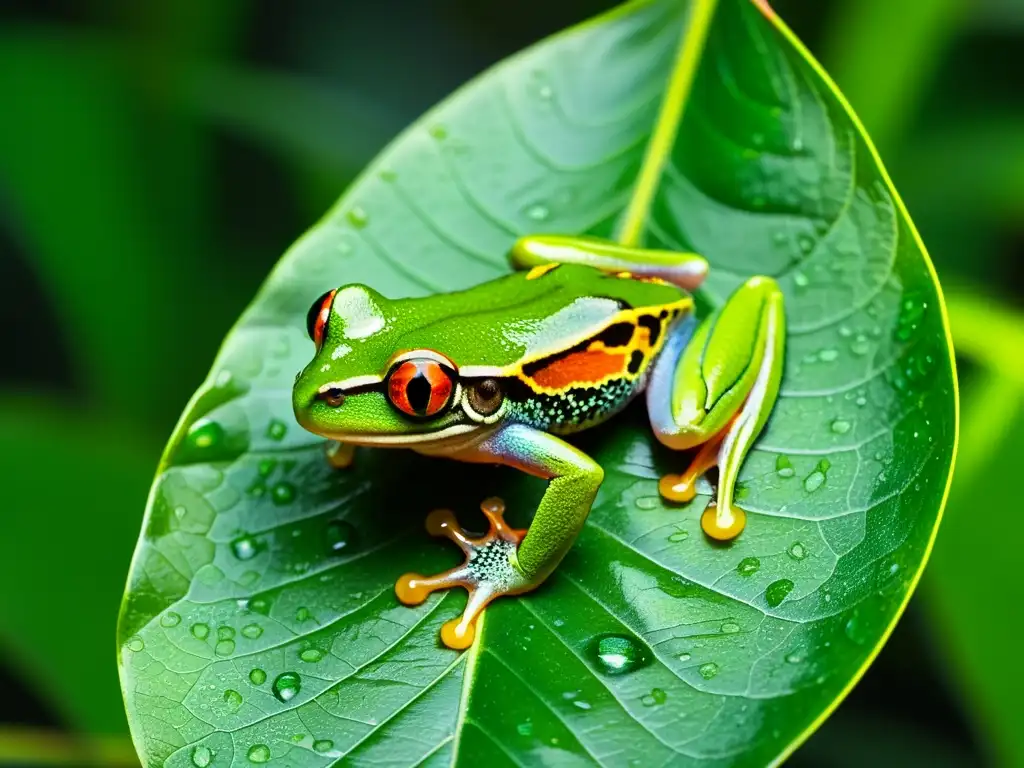 Detallada imagen de una rana de ojos rojos en la selva lluviosa, mostrando sus patrones y reflejando el efecto de la lluvia en su piel