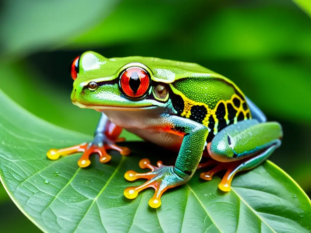 Detallada imagen de una rana arbórea con ojos rojos en la selva