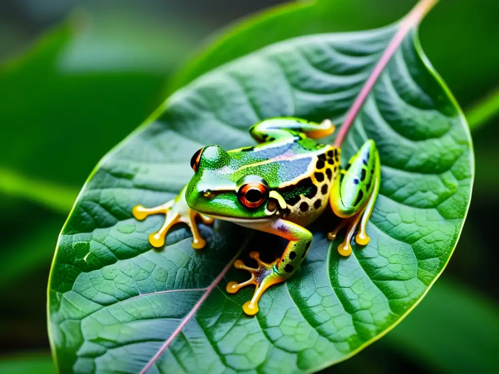 Detallada imagen de una rana en peligro aferrada a una hoja en la selva