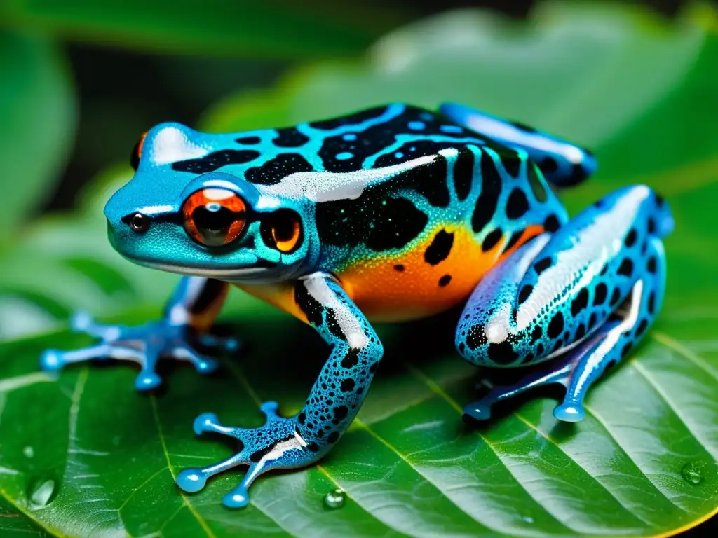 Detallada imagen de una rana venenosa con tonalidades vibrantes, reflejando la selva