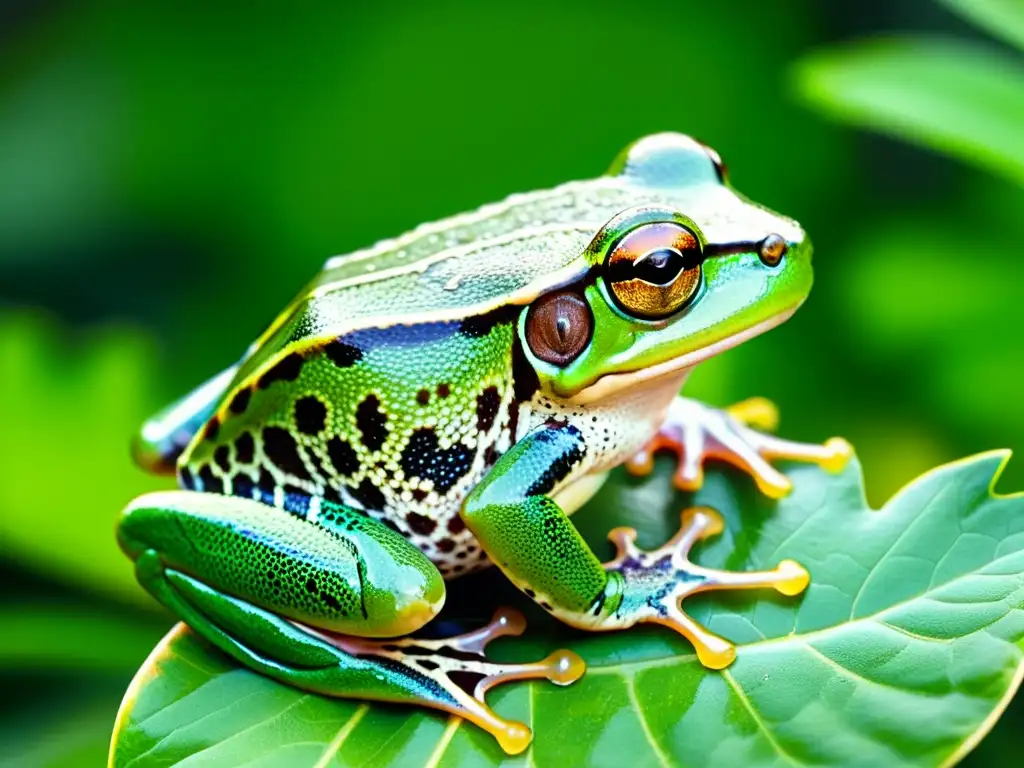 Detallada imagen de una rana arbórea verde vibrante croando en una hoja