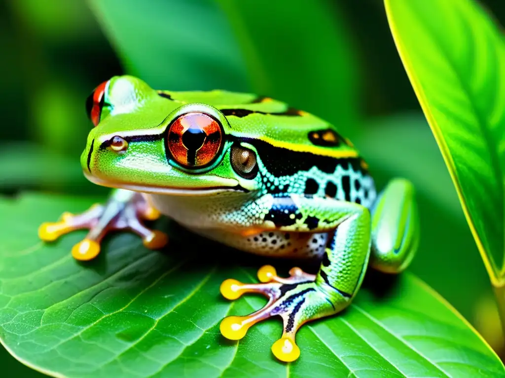 Detallada imagen de una rana arbórea verde capturando un insecto con su lengua pegajosa