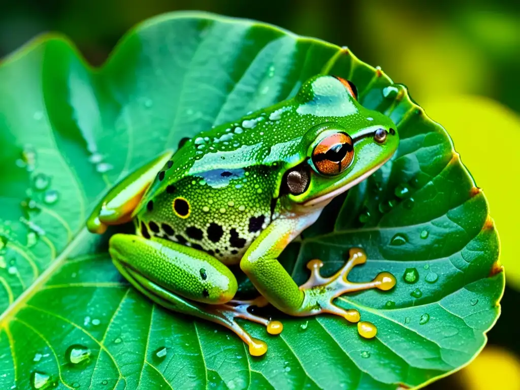 Detallada imagen de una rana arbórea verde con piel húmeda en la selva, destacando cuidados piel anfibios húmeda saludable