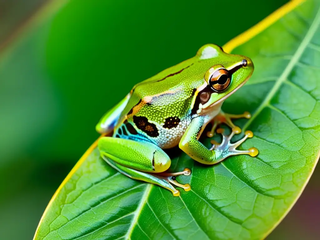 Detallada imagen de una rana arbórea verde con piel transparente, destacando la red de vasos sanguíneos