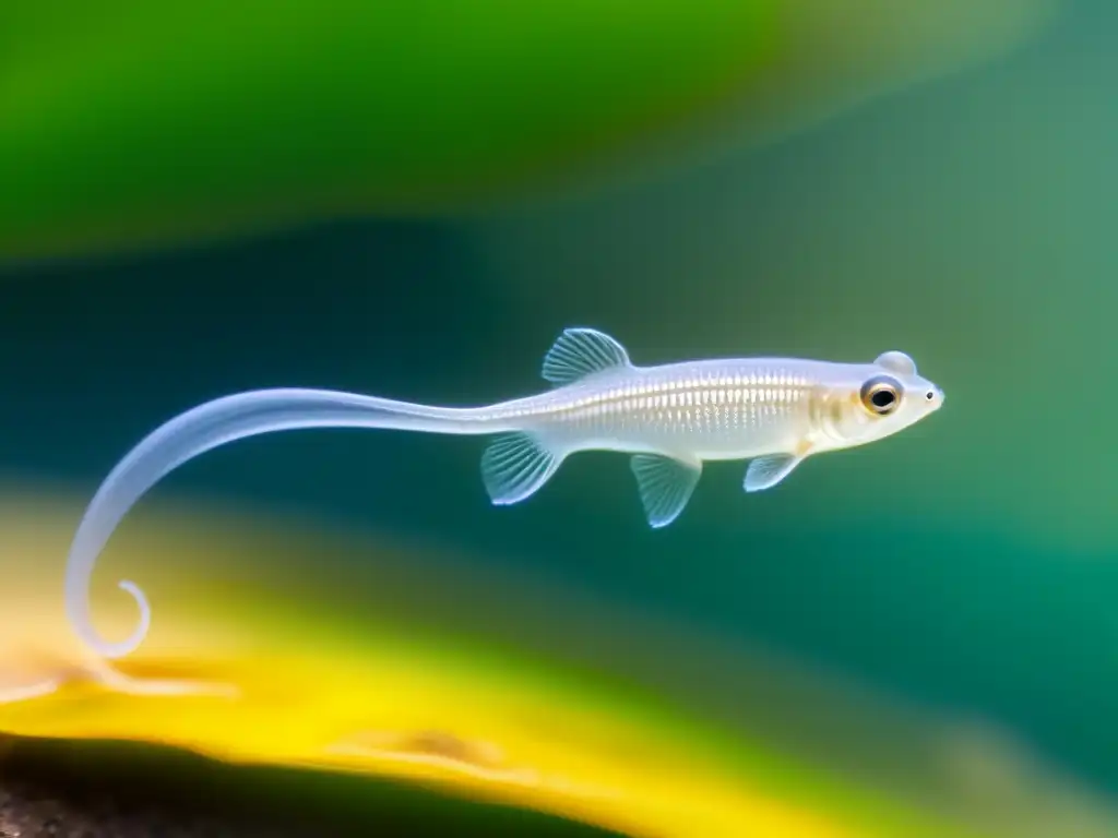 Detallada imagen de un renacuajo nadando en agua clara, resaltando su fragilidad y desarrollo, crucial para suplementos vitamínicos cría anfibios