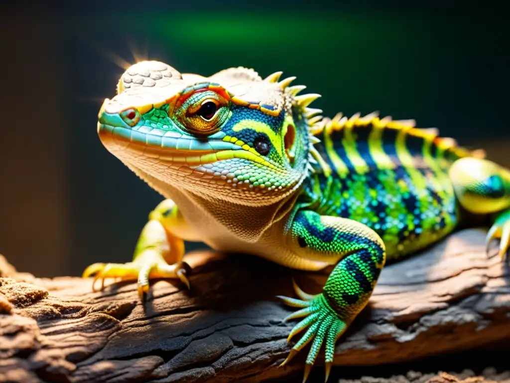 Detallada imagen de un reptil bajo la iluminación LED, resaltando sus escamas y el impacto de la luz en su entorno natural